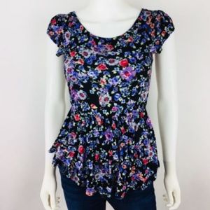 Painted Threads Black Floral Peplum Open Back Top